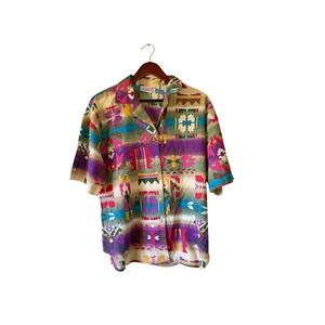 Vintage Cabrais Southwestern Tribal Print Short Sleeve Button Down Shirt‎ Multi